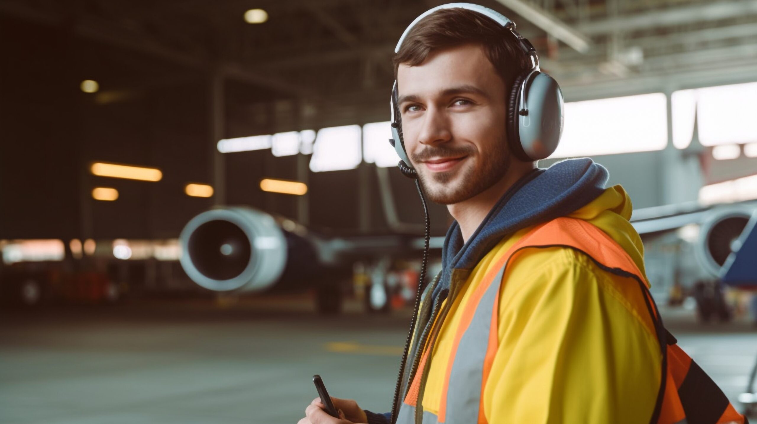 Yellow-vest worker with headphones in an airport