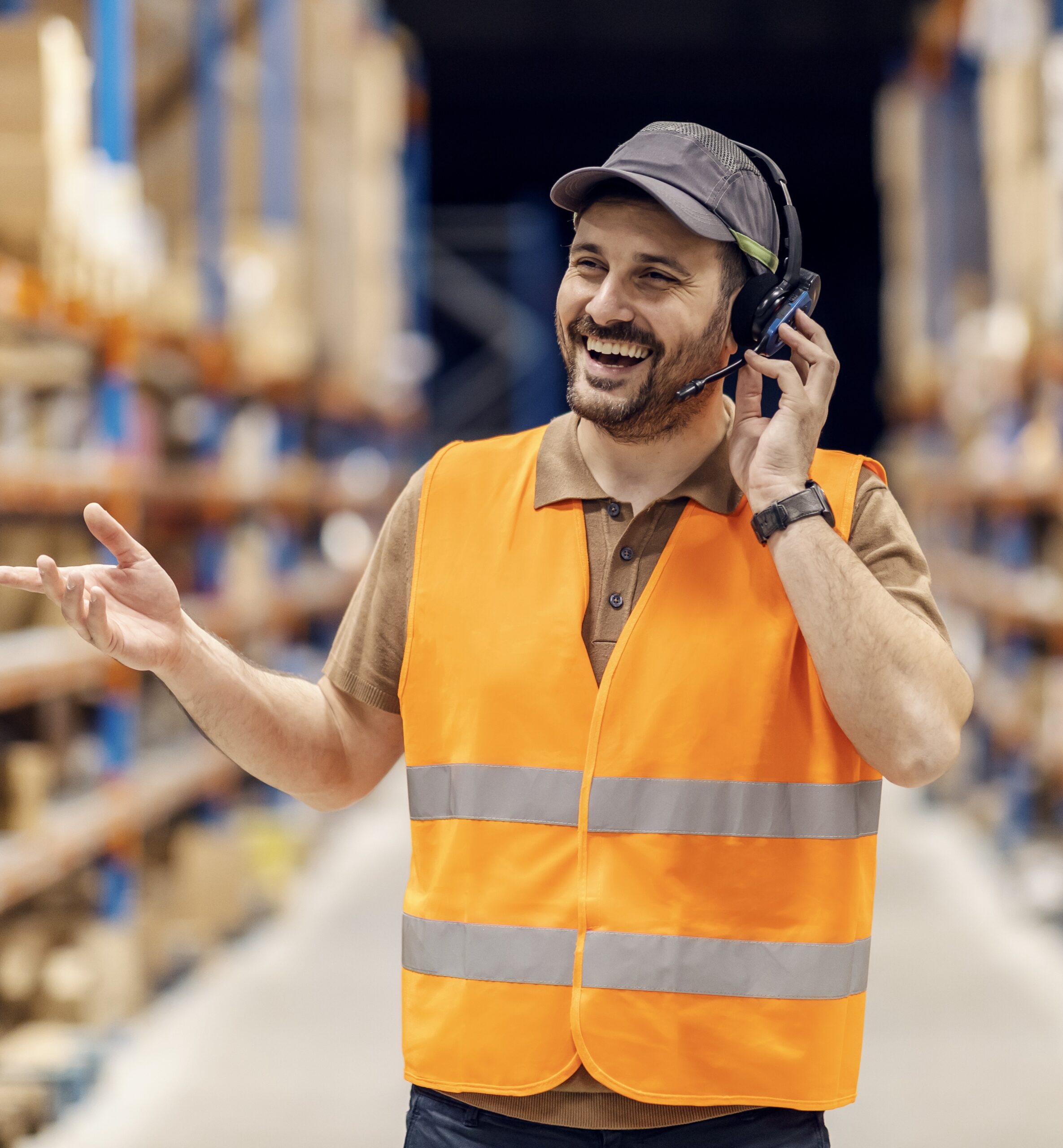 Portrait of a happy storage worker talking on a headset 