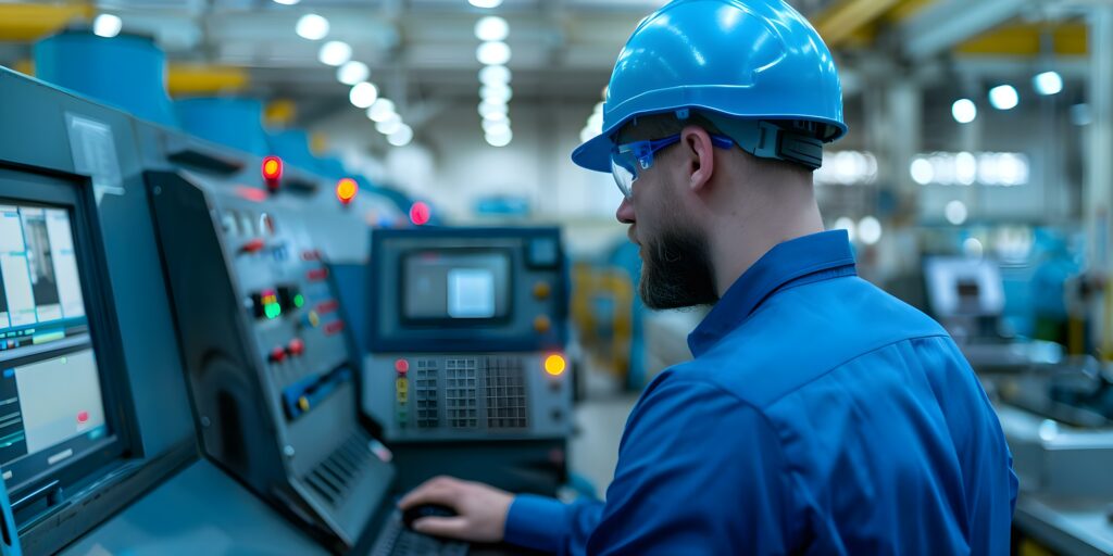 engineer operating in a manufacturing facility a computerized metal lathe