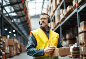 Man holding a cupboard box in a warehouse