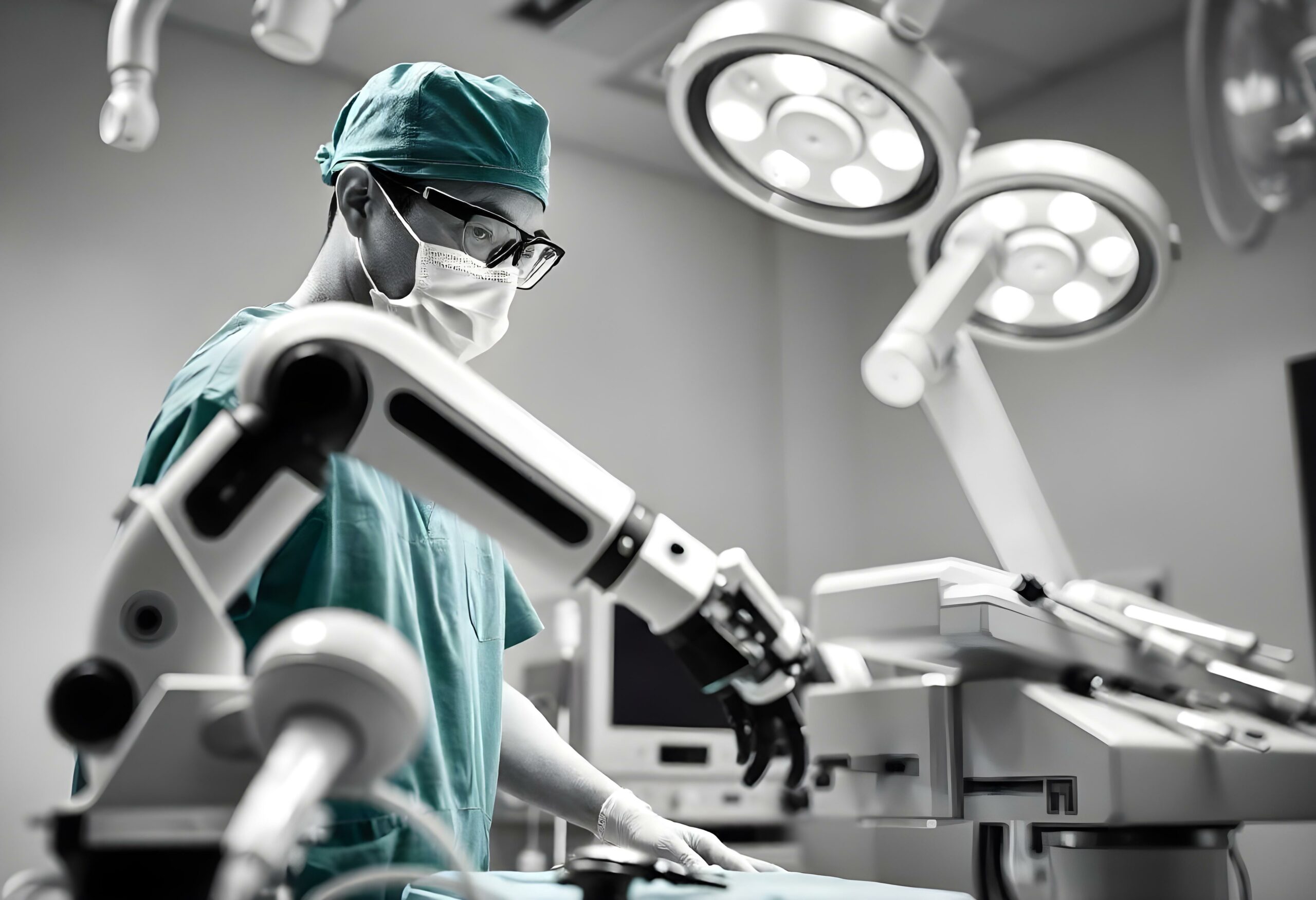 A surgeon in an operating room and a robotic arm