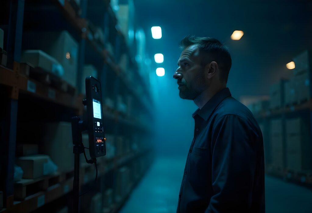 man in a warehouse talking to a voice controlled device