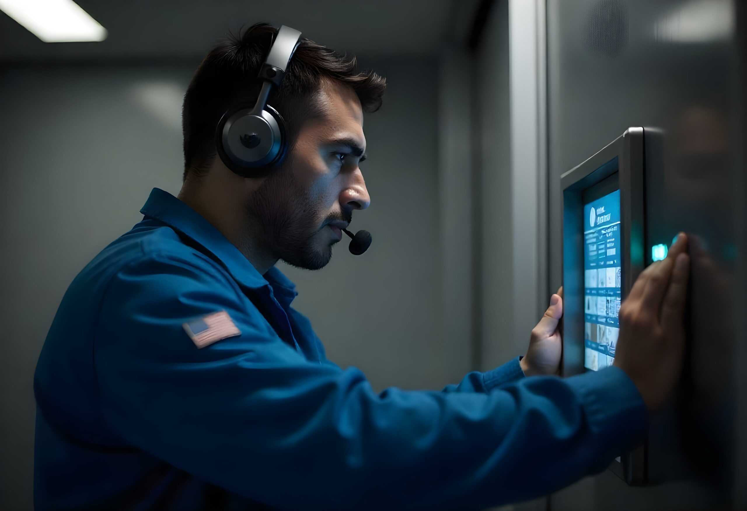 A man with a headset trying to open a door system