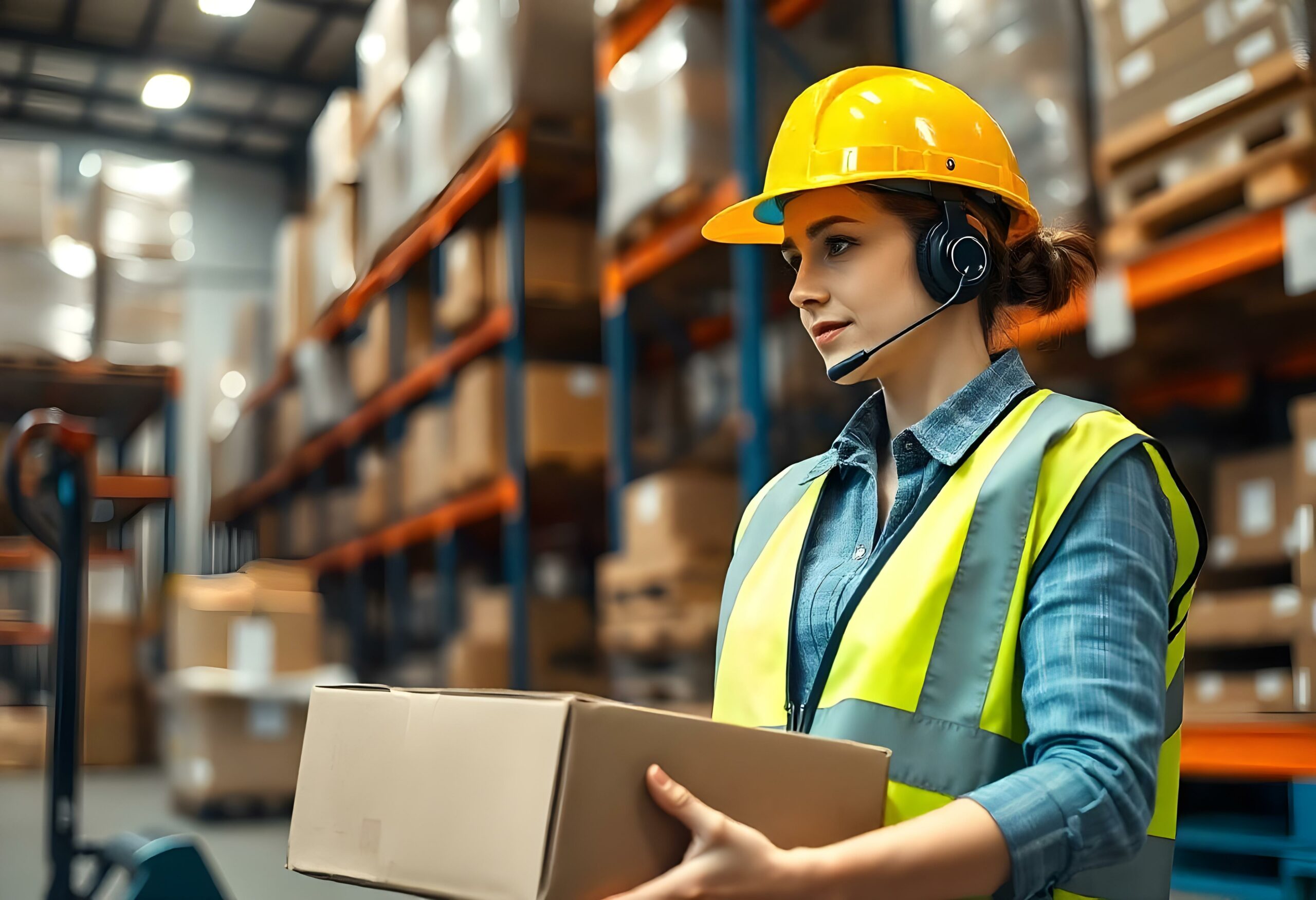 A woman wearing a headset in a warehouse holding a cupboard box.