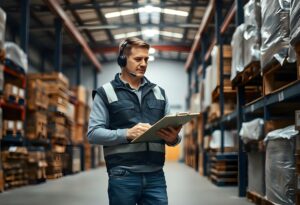 A man wearing a headset in a warehouse.