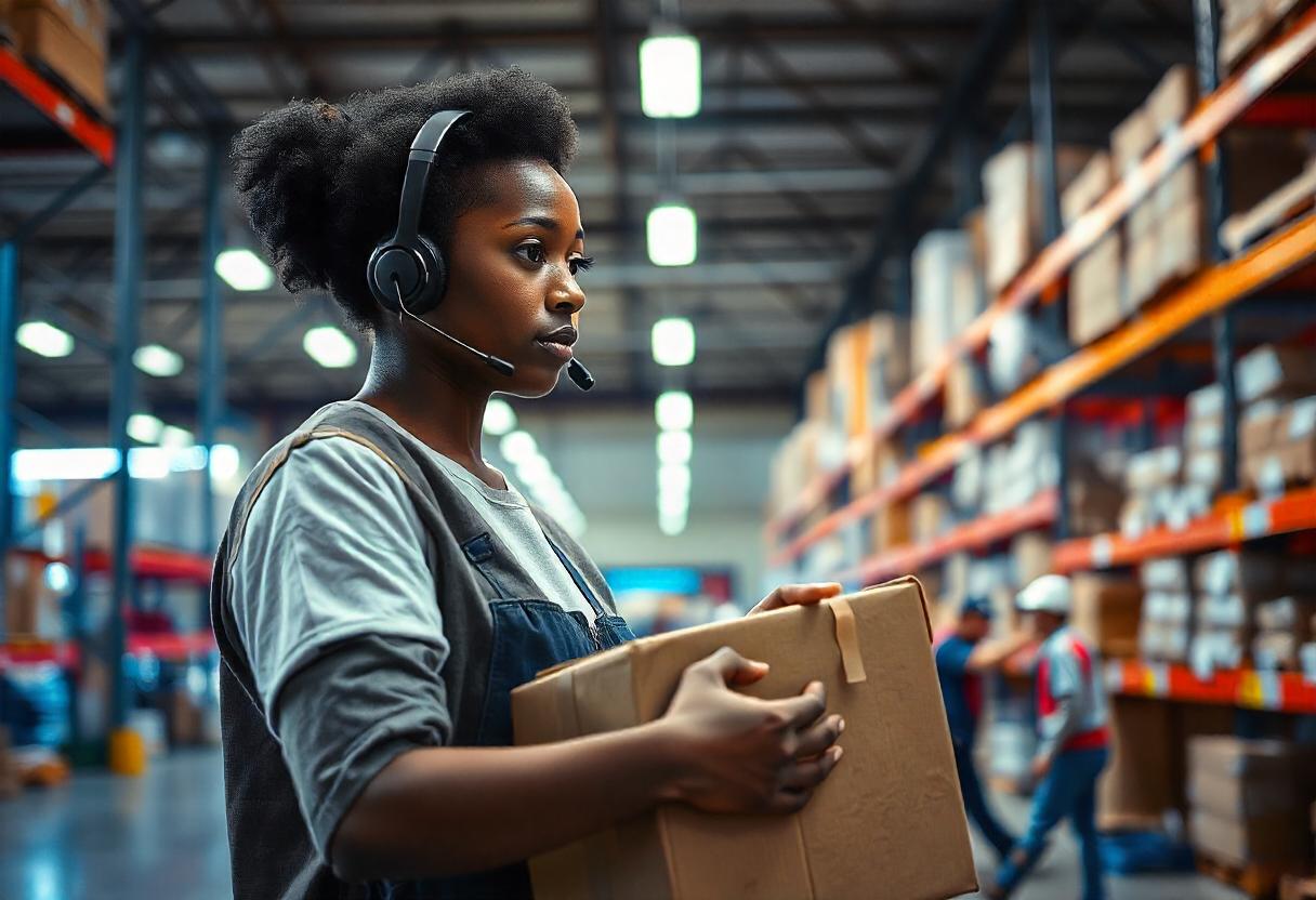 A woman wearing a headset working in a warehouse holding a cupboard box 