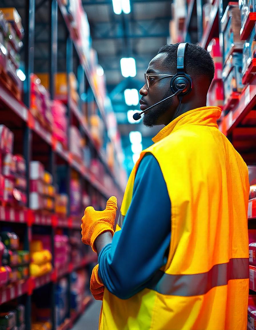 Un homme dans un entrepôt portant un casque audio