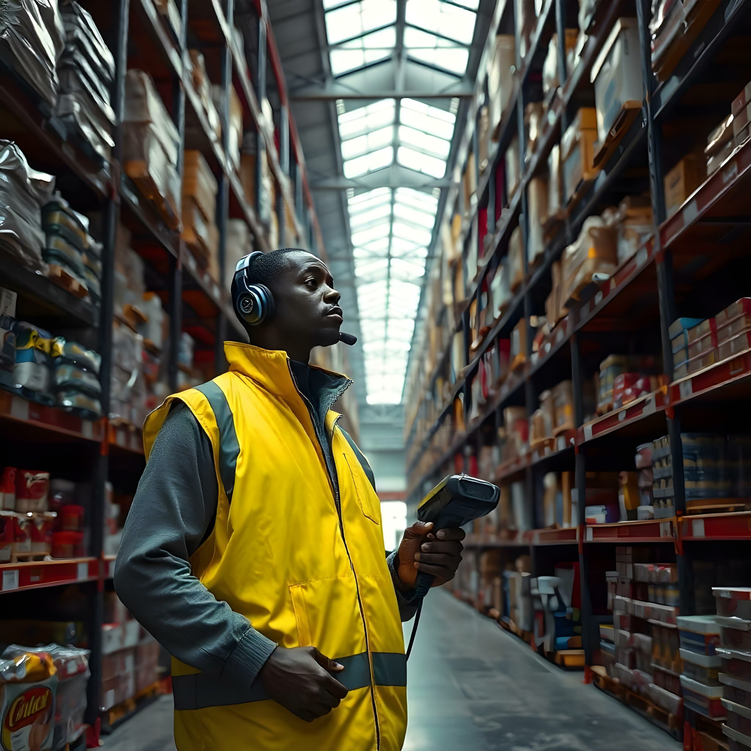 in a warehouse, a man wearing a yellow vest. He has a headset, is standing next to high shelves and he has a RF scan in hand.