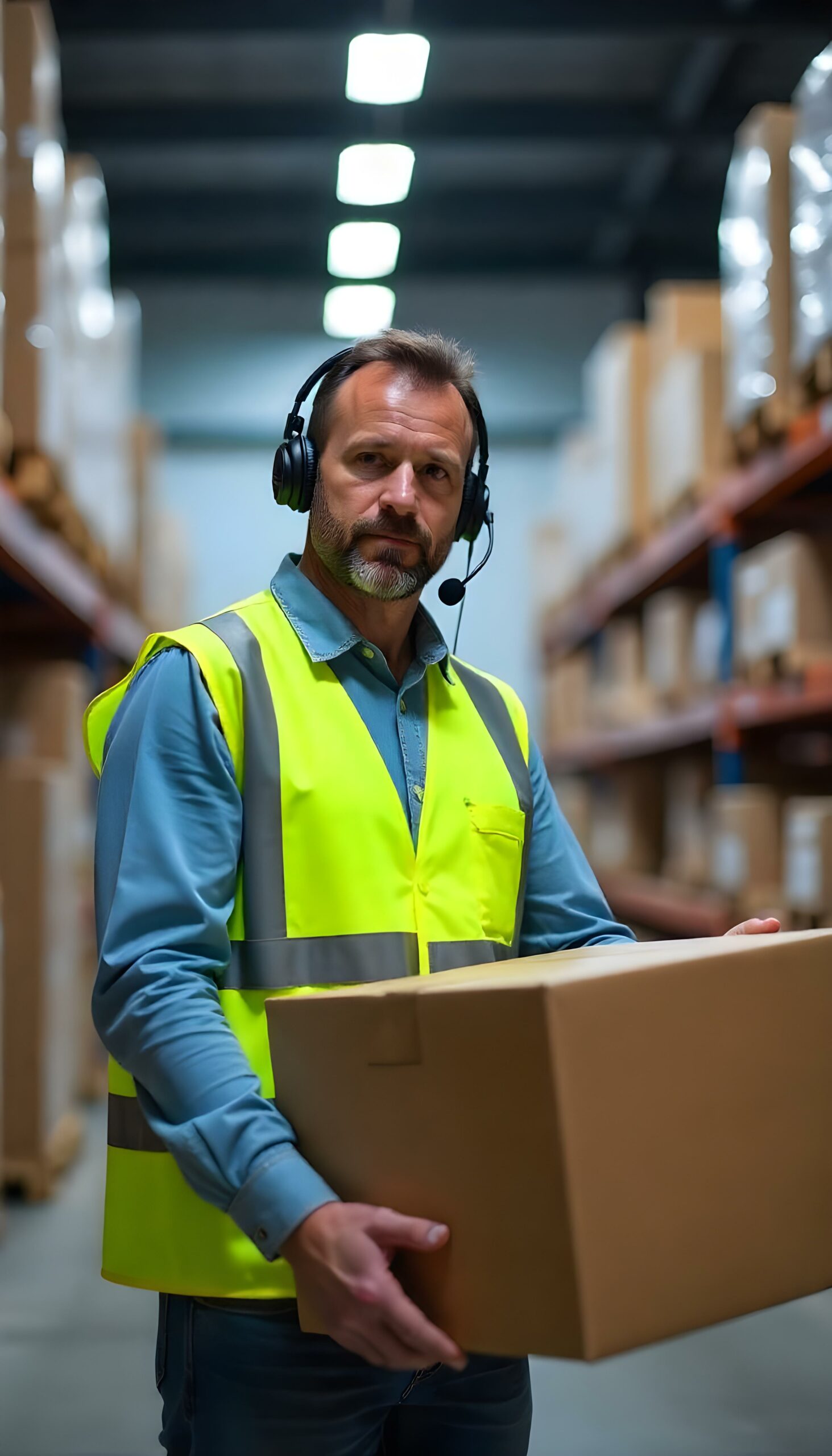 in a warehouse, a man wearing a yellow vest. He has a headset and is holding a box.